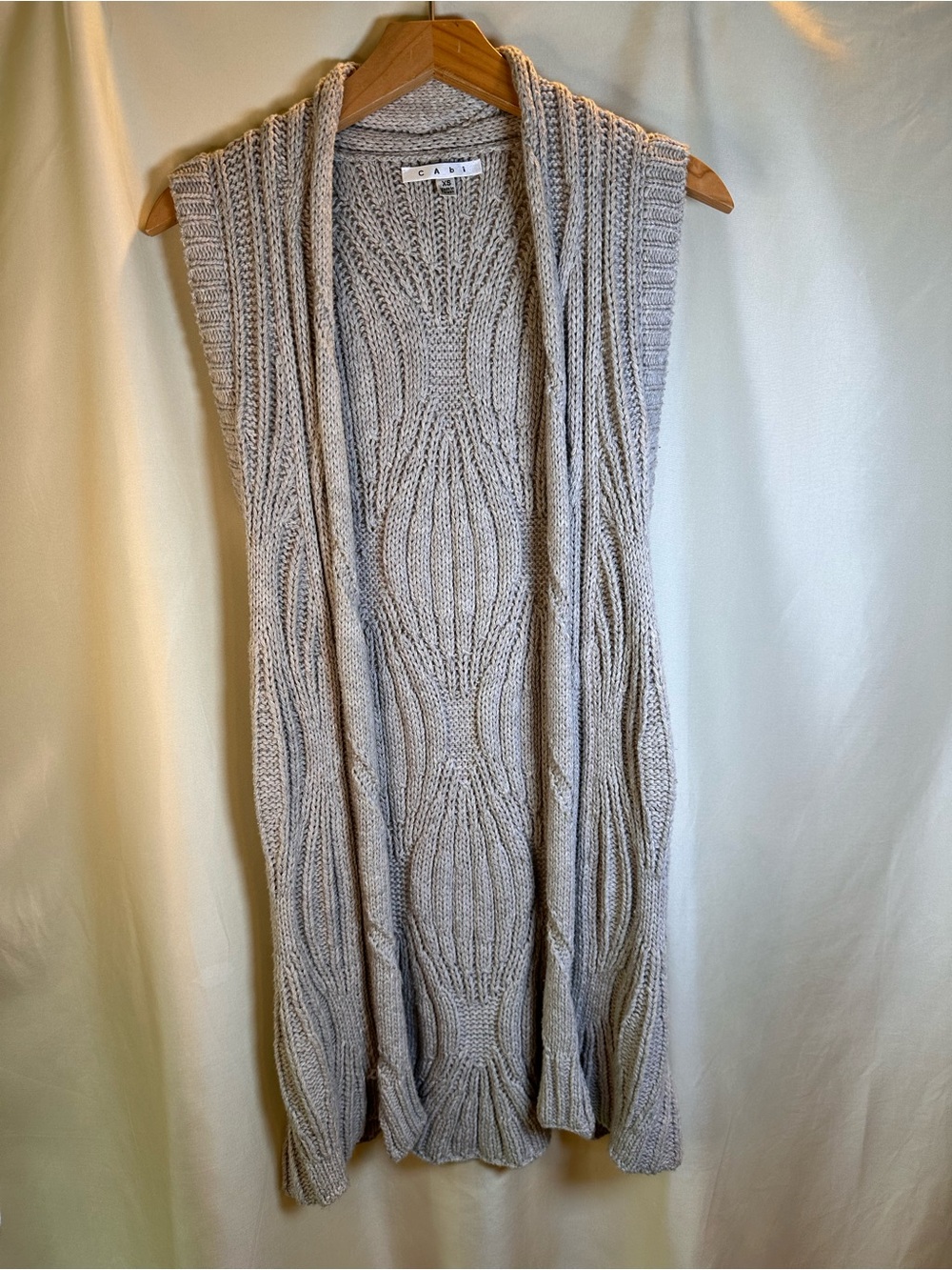 Cabi chunky Knit cotton & wool long Cardigan Vest -Light Taupe- lagenlook XS